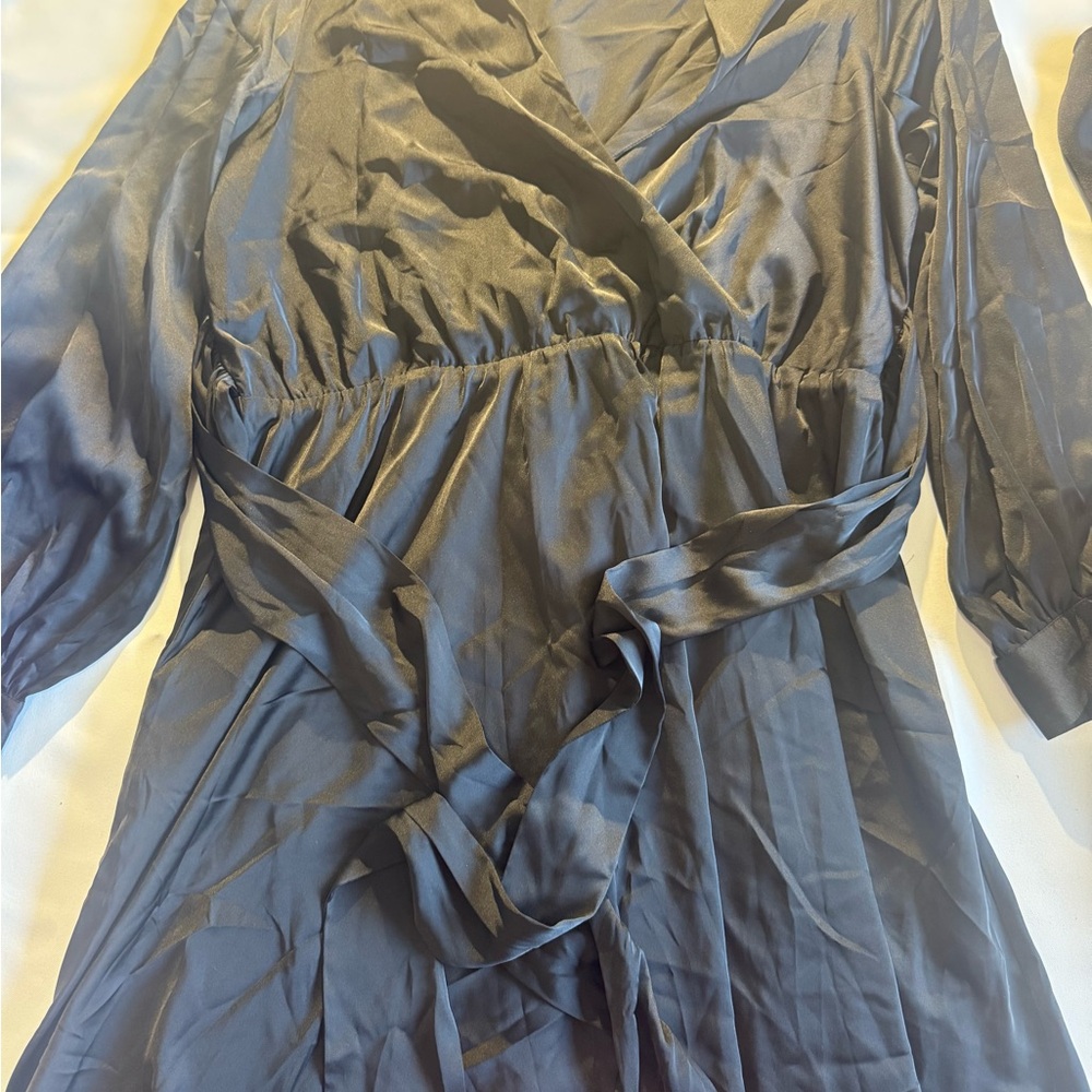 Elegant Satin Long Sleeve Tie Waist Mini Dress